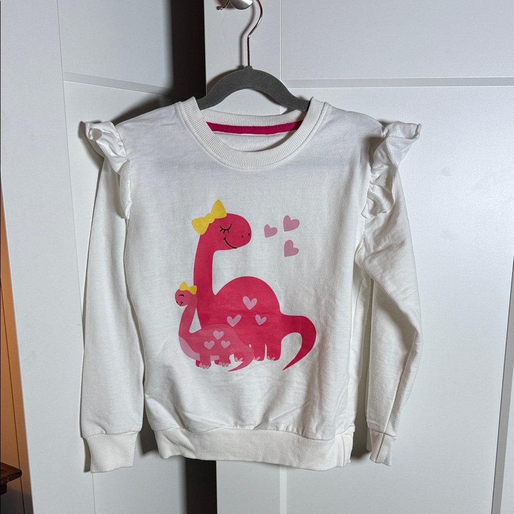 White Dinosaur Print Kids Ruffle Sleeve Sweatshirt